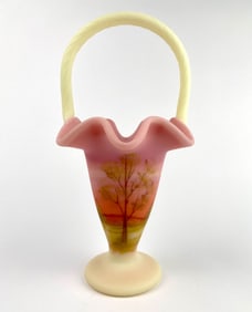 Fenton Burmese Satin Tree Scene Basket (Uranium Glass, Signed)