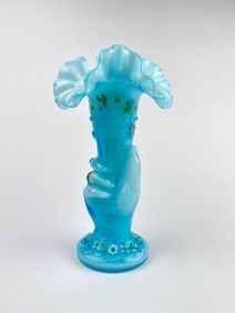 Fenton Art Glass Blue Overlay Hand Vase (Signed, Hand-Painted Daises and Forget-Me-Not)