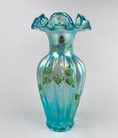 Signed Fenton Iridescent Sea Mist Green Melon Vase