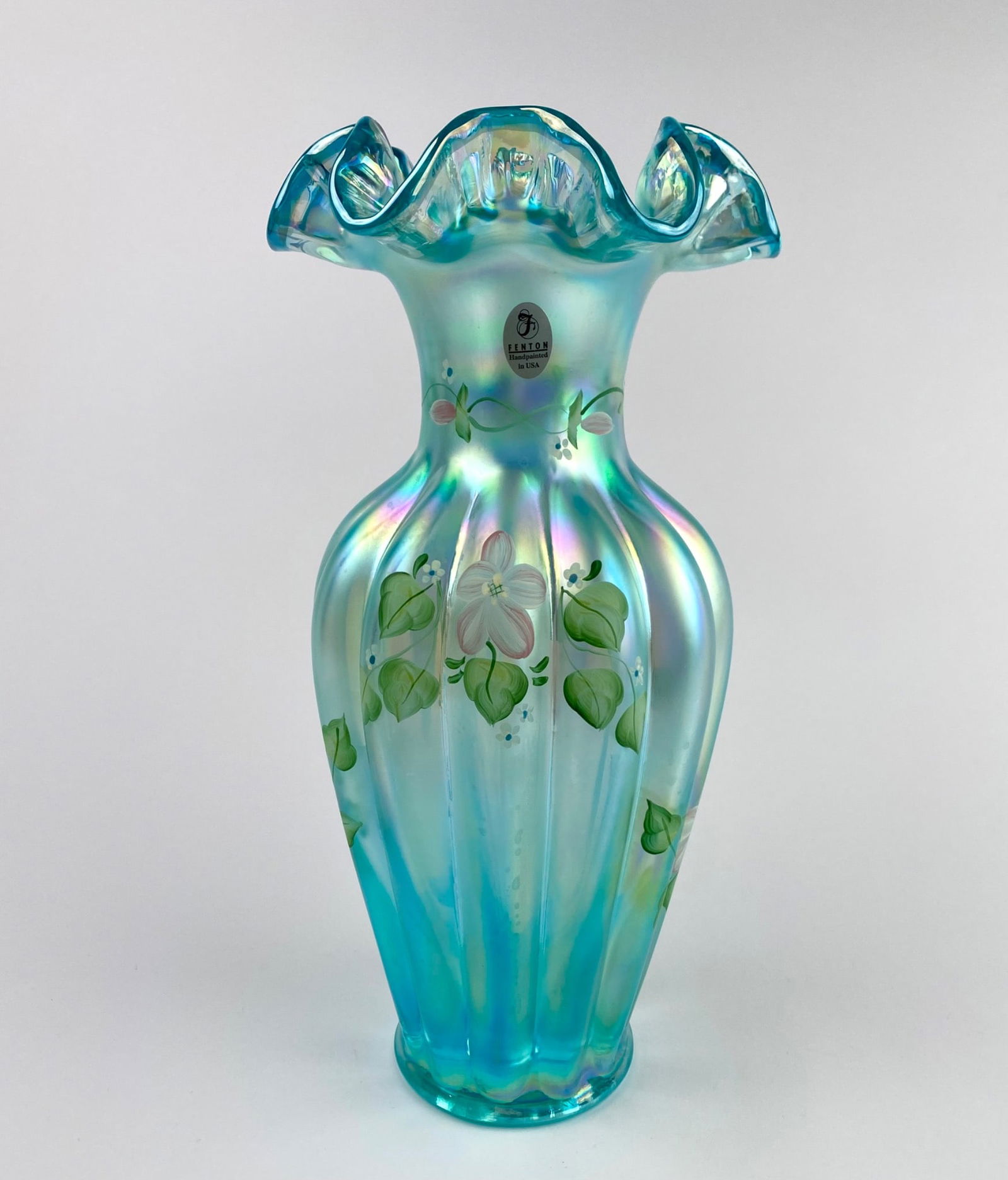 Signed Fenton Iridescent Sea Mist Green Melon Vase (1 of 12)