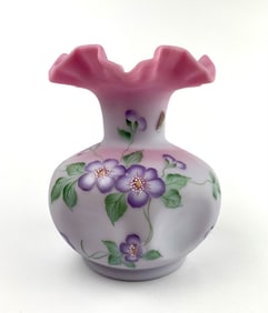 Signed Fenton Hand-Painted Blue Burmese Satin Pinch Vase