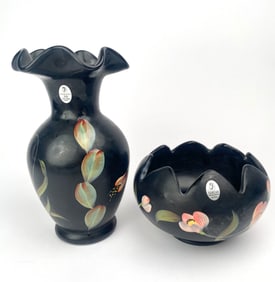Black Fenton Glass Vase and Bowl Set