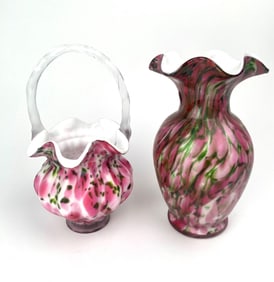 Fenton Pink and Green Glass Basket and Vase