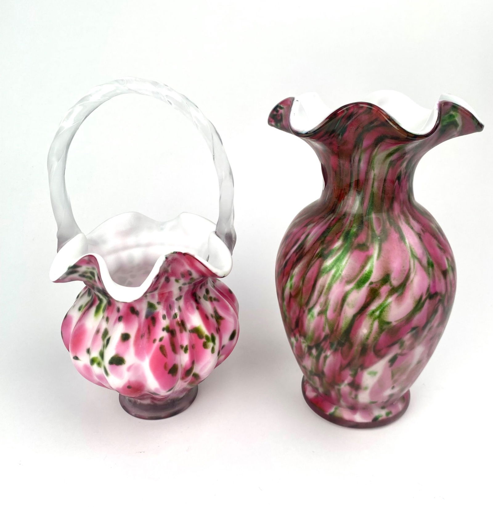 Fenton Pink and Green Glass Basket and Vase (1 of 11)