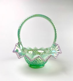 Fenton Green Opalescent Hobnail Glass Basket