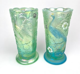 Fenton Green and Blue Peacock Vases