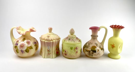 Five Fenton Hand-Painted Burmese Uranium Glass Pieces