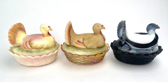 Lot of 3 Fenton Glass Turkey Covered Dishes (Signed)