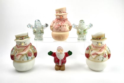 Lot of 6 Fenton Snowmen and Glass Santa Figurines (Uranium Glass)