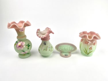 Fenton Lotus Mist 3 Glass Vases and Name Plaque