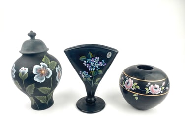 Hand-Painted Fenton Black Floral Vases