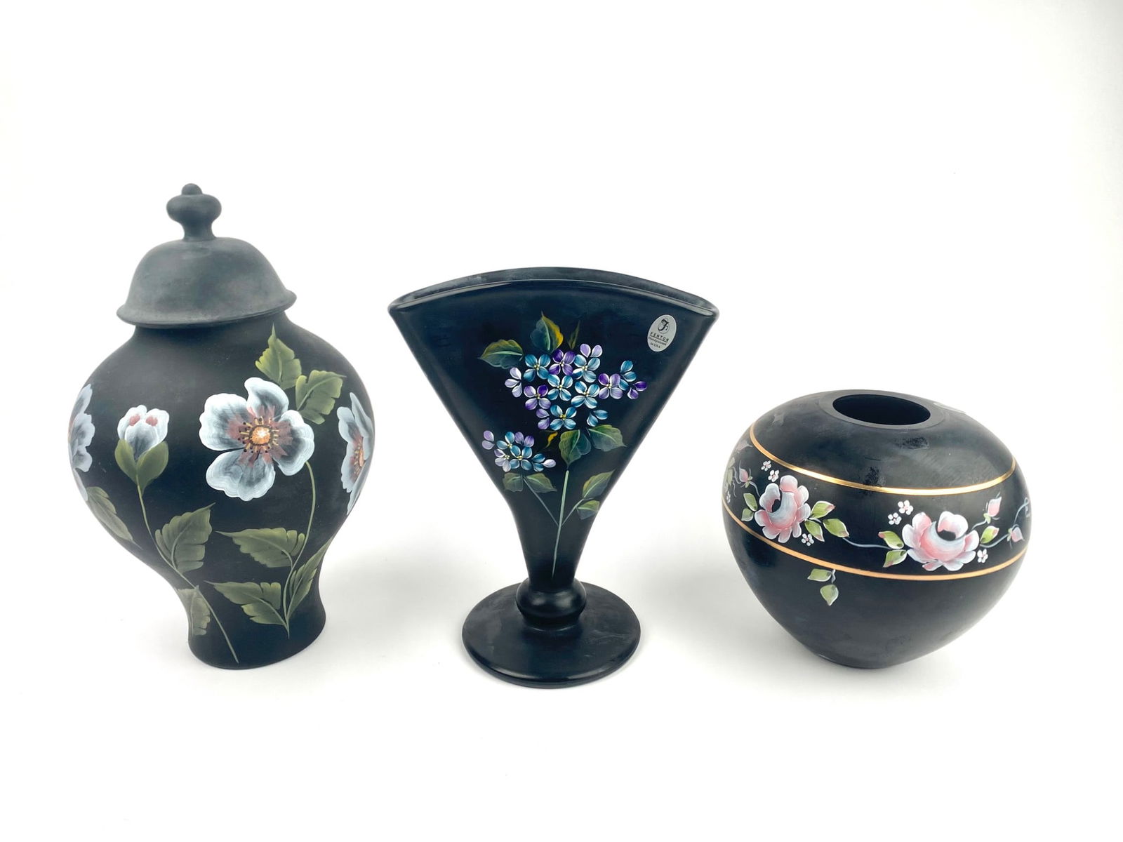 Hand-Painted Fenton Black Floral Vases (1 of 12)