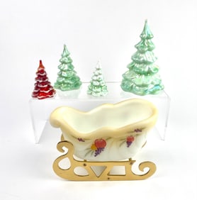 Lot of 5 Fenton Glass Pieces (Sleigh and 4 Christmas Trees)