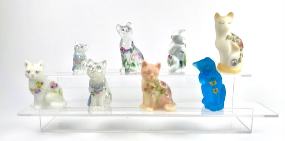 Lot of 8 Fenton Glass Cat Figurines (1 Uranium Glass Cat)