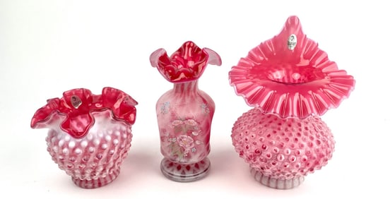 Three Fenton Cranberry Vases