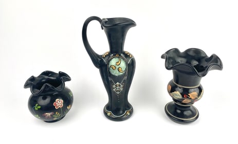 Three Fenton Hand-Painted Black Vases