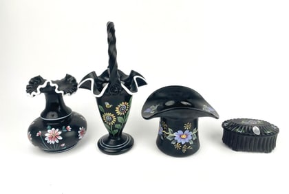 Four Fenton Hand-Painted Ebony Crest Glass Items