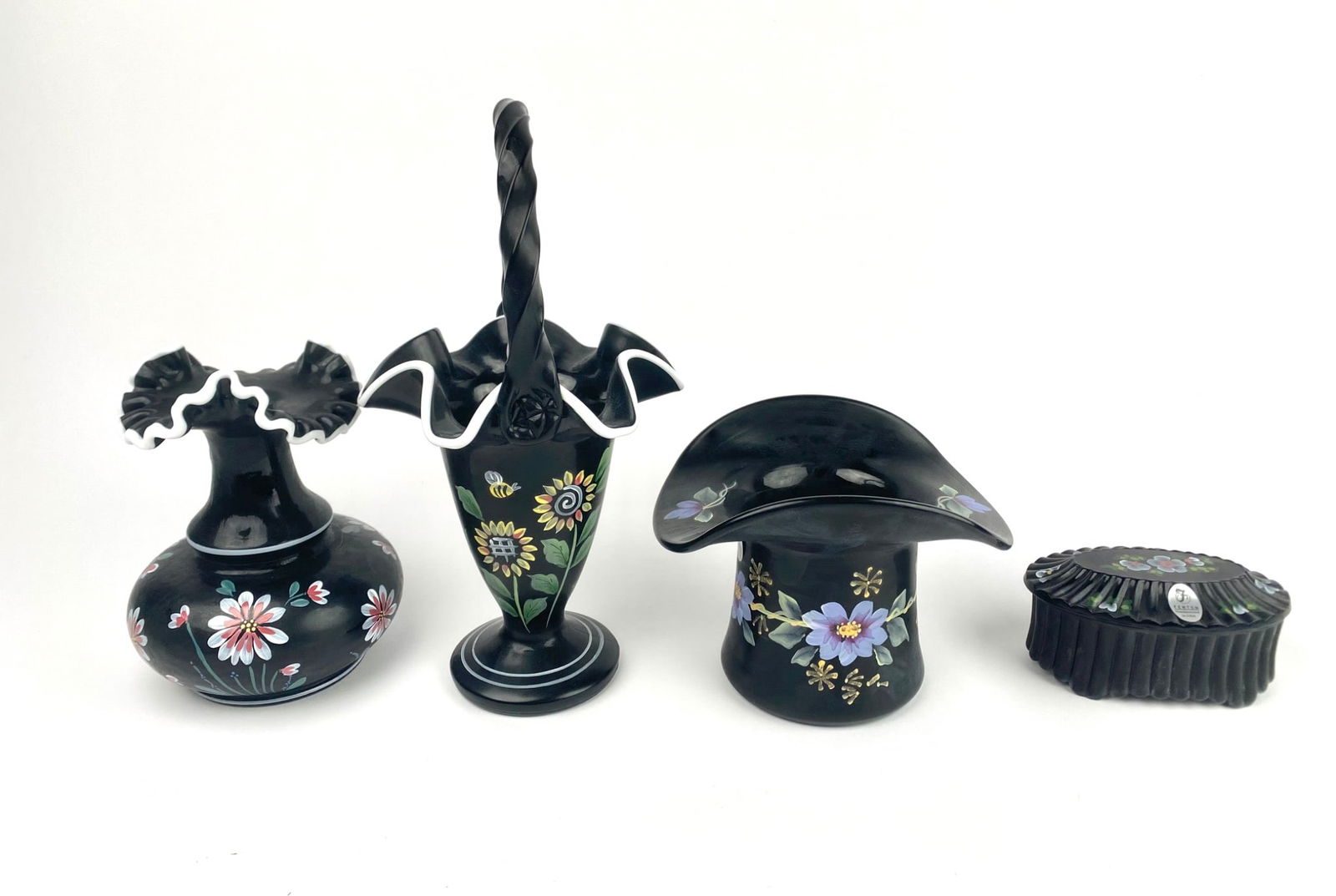 Four Fenton Hand-Painted Ebony Crest Glass Items (1 of 9)
