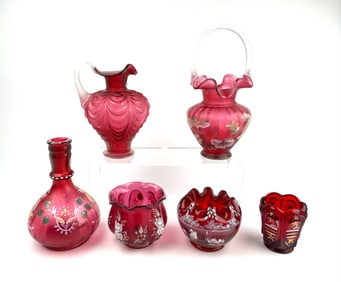 Six Fenton Cranberry Glass Vases