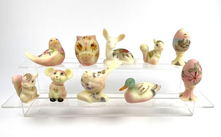 10 Fenton Burmese Uranium Glass Figurines and Eggs