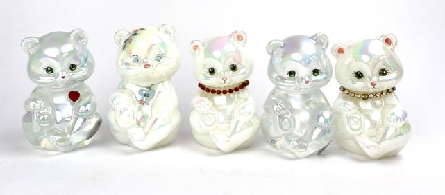 Set of 5 Fenton Iridescent Glass Bear Figurines With Painted Details
