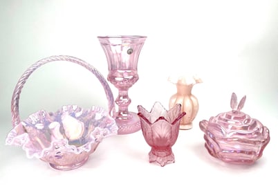 Five Pink Opalescent Glass with Iridescent Finish
