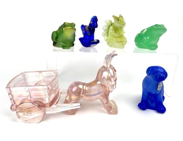 Seven Fenton Glass Opalescent Figurines With Cart