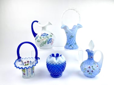 Five Blue Fenton Glass Decorative Vessels With All Collection Labels