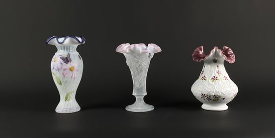 Three Fenton Glass Vases With Floral Designs