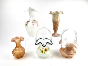 Set of Five Fenton Art Glass Vases and Baskets