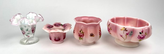 Assorted Rosalene Fenton Glass Vases and Bowls with Floral Motifs