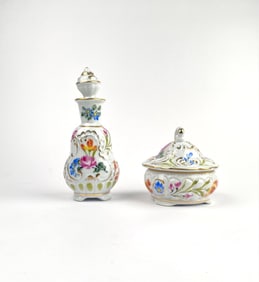 Hand-Painted Limoges Porcelain Perfume Bottle and Covered Dish Set