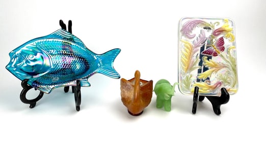 Four Fenton Art Glass Decorative Pieces, Including Fish Dish and Sculptures