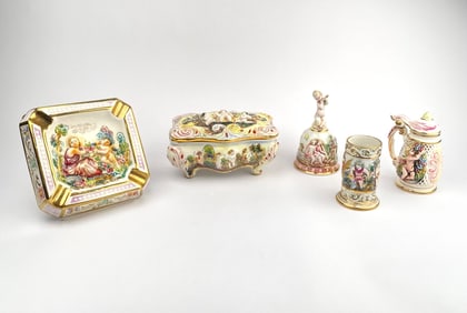 Capodimonte Porcelain Lot: Jewelry Box, Bell, Ashtray and Mugs