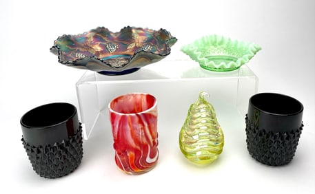 Fenton and Carnival Iridescent, Red Swirl, Black, and Green Ruffled Glass Items