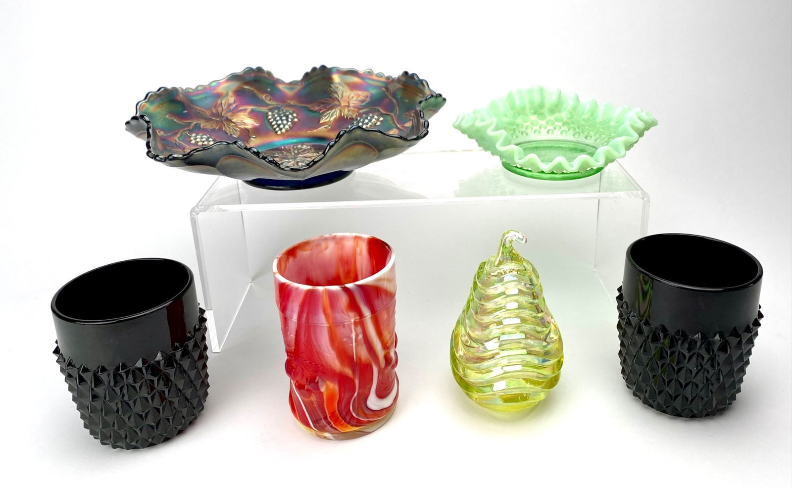 Fenton and Carnival Iridescent, Red Swirl, Black, and Green Ruffled Glass Items (1 of 12)