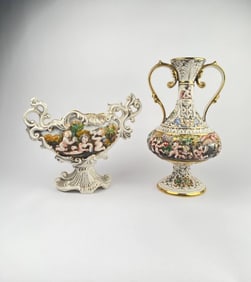 Capodimonte Style Ceramic Vase and Compote Set with Gilt Handles