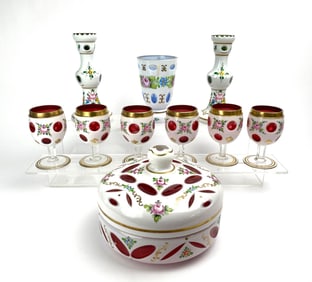 Bohemian Glassware Set Goblets, Candlesticks, and Covered Bowl
