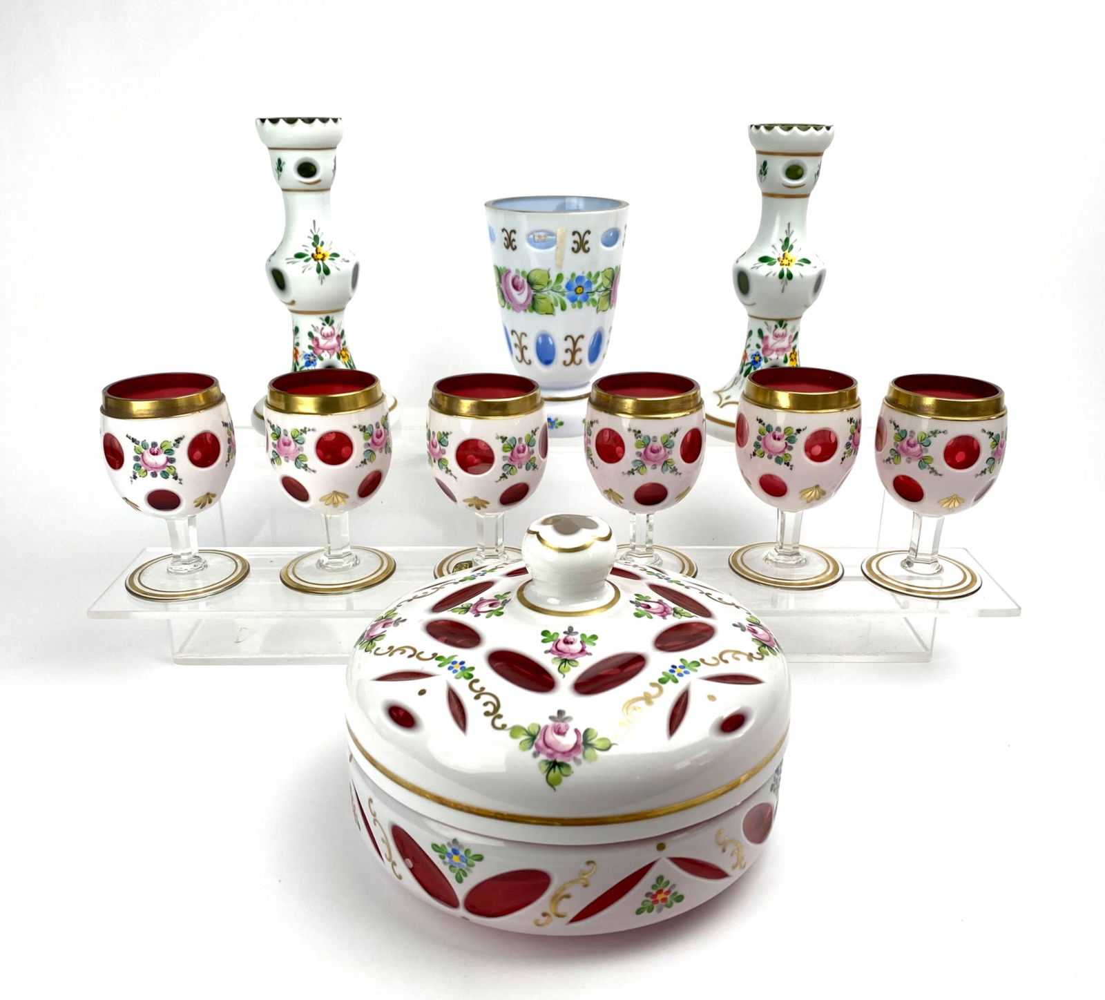 Bohemian Glassware Set Goblets, Candlesticks, and Covered Bowl (1 of 11)