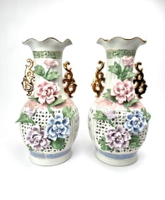 Pair of Handled Porcelain Vases With Floral and Gold Accents