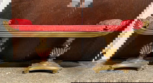 Gilded Wood Classical Bench with Red Velvet Upholstery