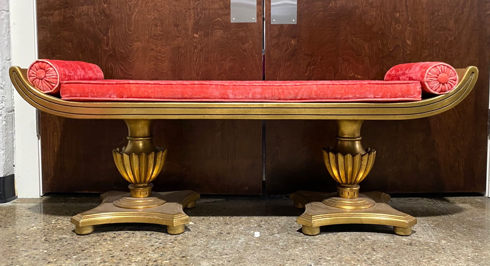Gilded Wood Classical Bench with Red Velvet Upholstery (1 of 10)