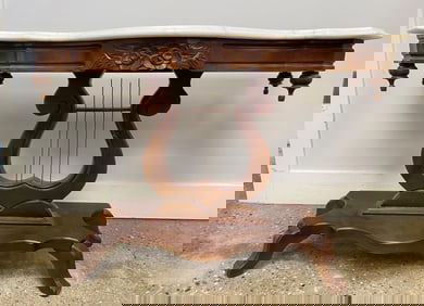 Carved Wooden Lyre-Base Marble-Top Occasional Table