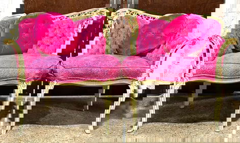Pair of Carved Armchairs with Pink Upholstery and Button-Tufted Cushions