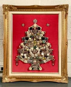 Framed Jewelry Christmas Tree Artwork on Red Velvet Background