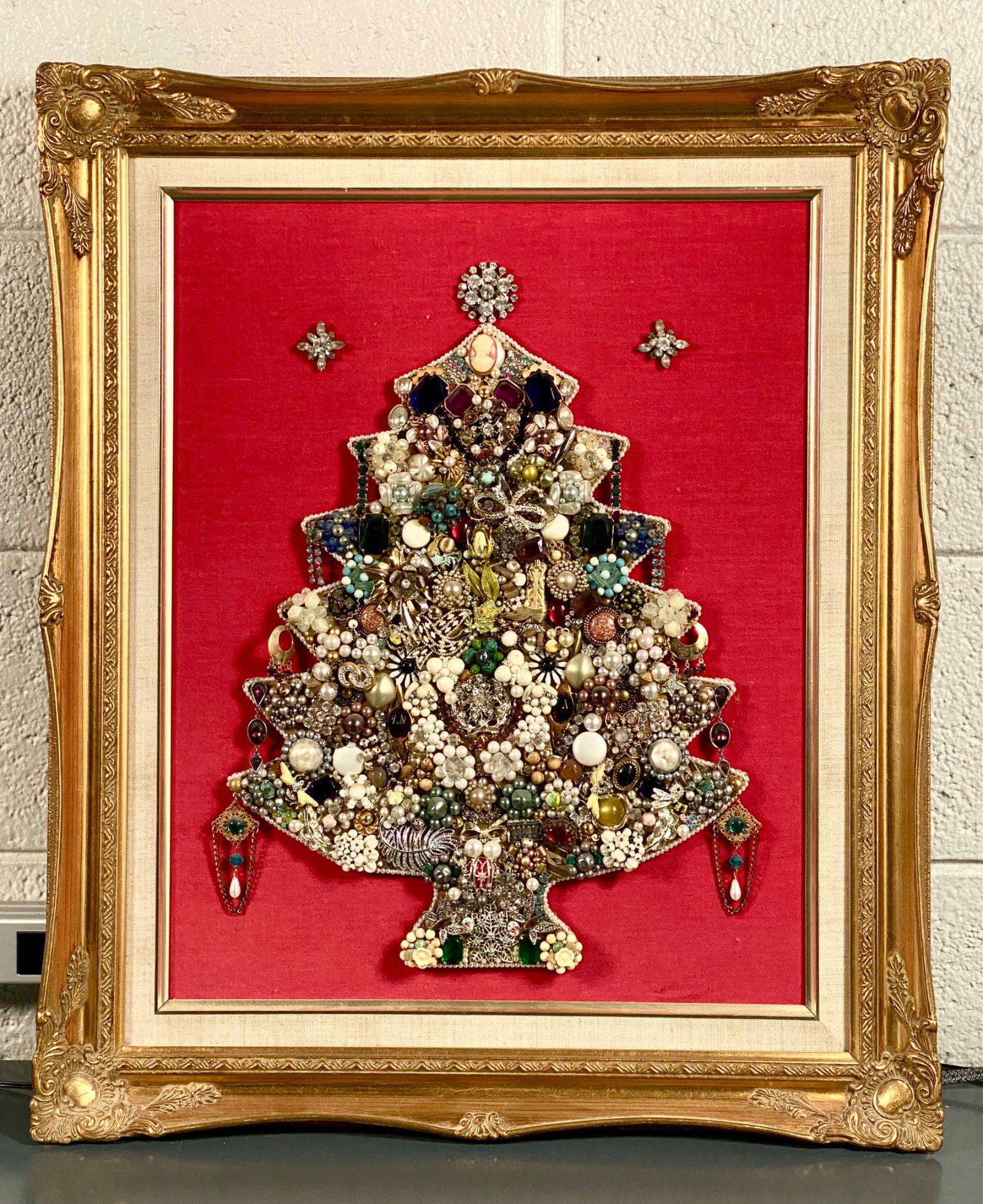 Framed Jewelry Christmas Tree Artwork on Red Velvet Background (1 of 12)