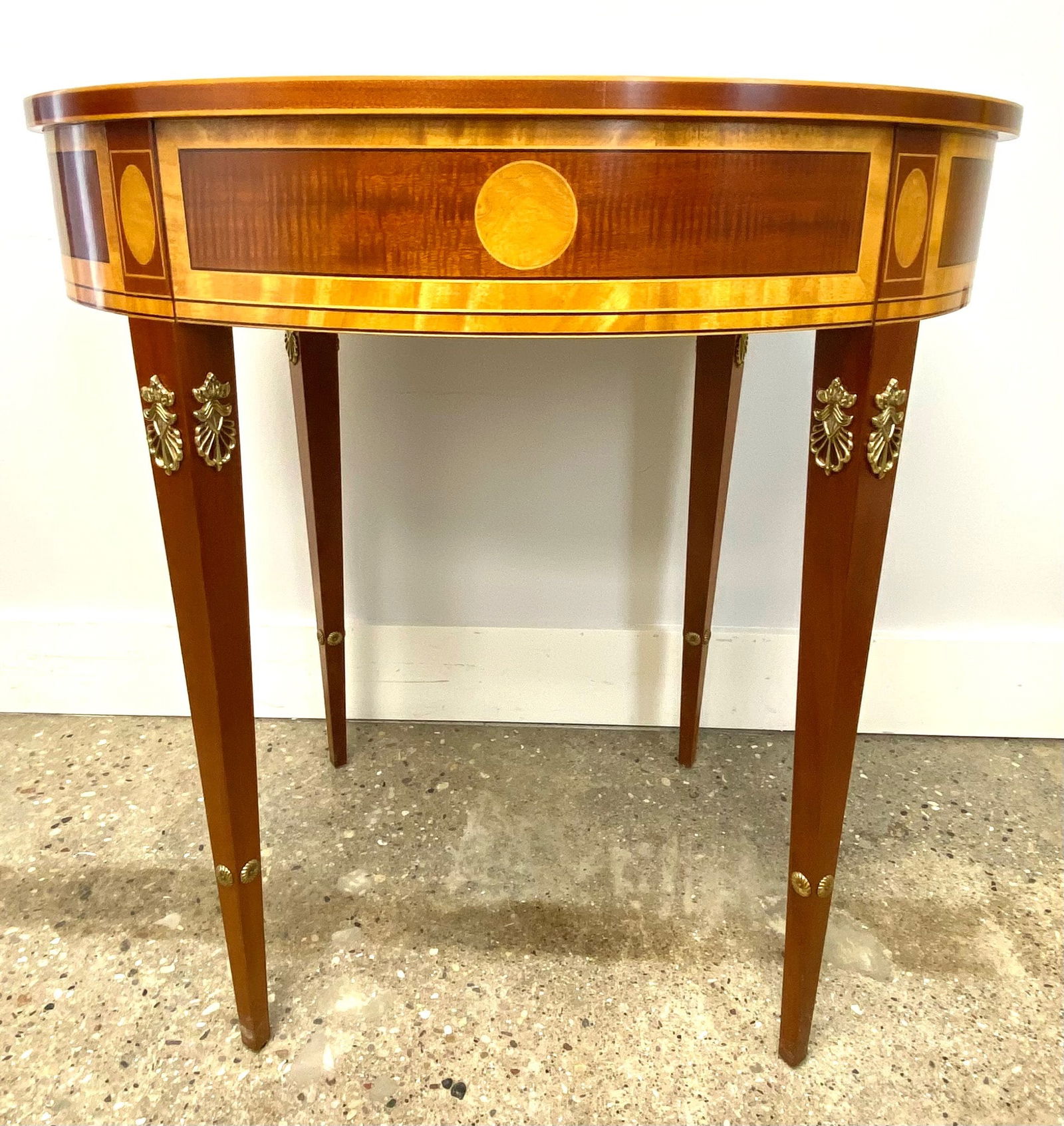 Inlaid Wood Demilune Console Table with Brass Accents (1 of 8)