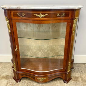 Spanish Marble-Top Inlaid Wood and Gilt Bronze Mounted Curio Cabinet