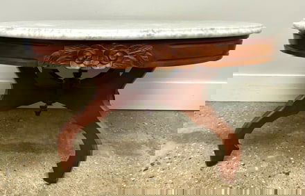 Marble-Top Wooden Table with Floral Carved Detail