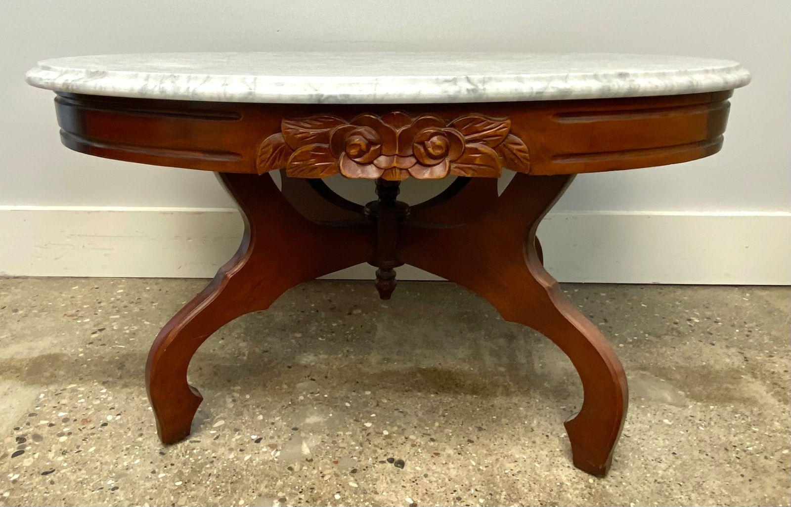Marble-Top Wooden Table with Floral Carved Detail (1 of 10)